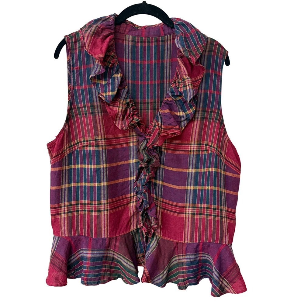 Lauren Ralph Lauren Womens Red Plaid Ruffle Button Up Shirt Size XL 100% Linen